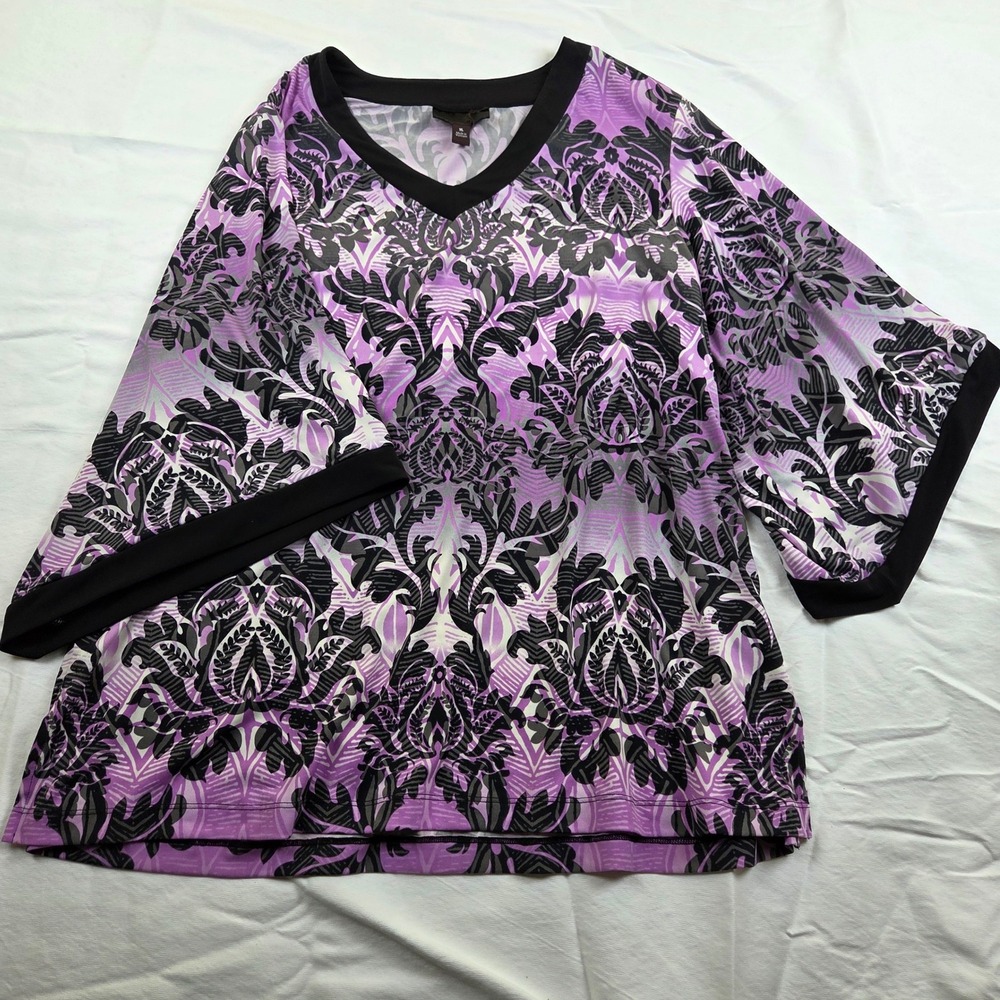 Dana Buchman Tunic Blouse XL Purple Black Damask Kimono Sleeve V-Neck Stretch